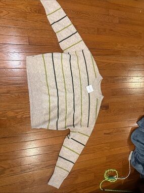 American Eagle Outfitters Beige Crewneck Sweater with Green & Black Stripes